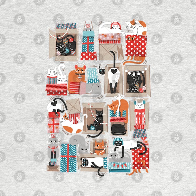 Purfect Christmas gifts // spot // beige background cute cats in cardboard red and teal wrapped boxes and holiday ornaments ribbons balls and lights by SelmaCardoso